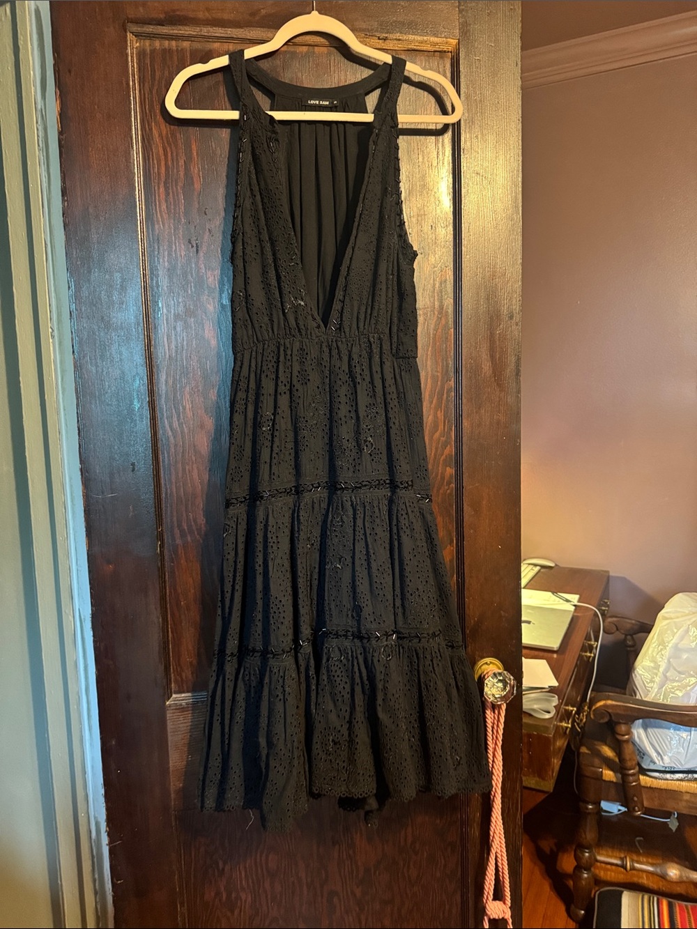 Love Sam Black Eyelet Midi Dress with Tiered Skirt